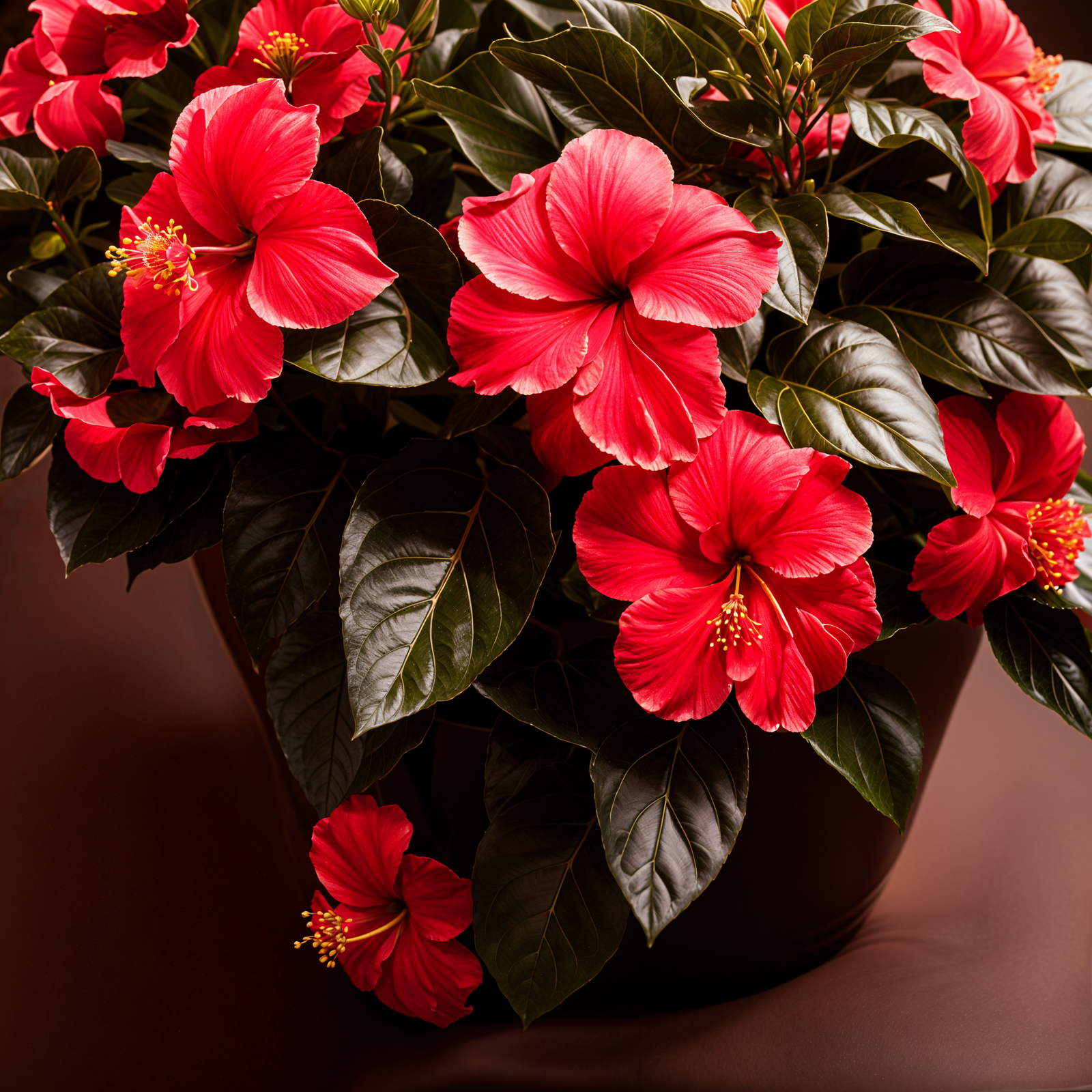 Highly detailed Hibiscus rosa-sinensis in a planter, with a flower, against a dark background.