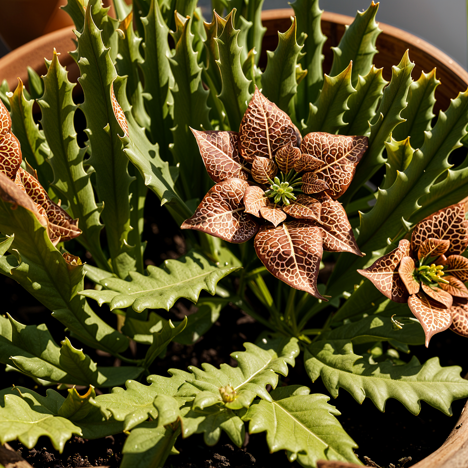 Orbea variegata plant with detailed leaves in a planter, set against a dark background indoors.