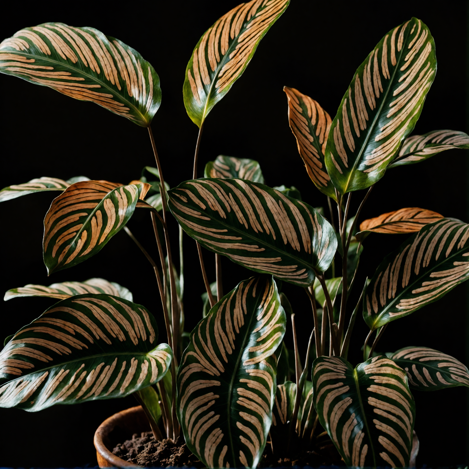 Goeppertia majestica with lush leaves in a planter, beside green bananas, clear indoor lighting, dark backdrop.