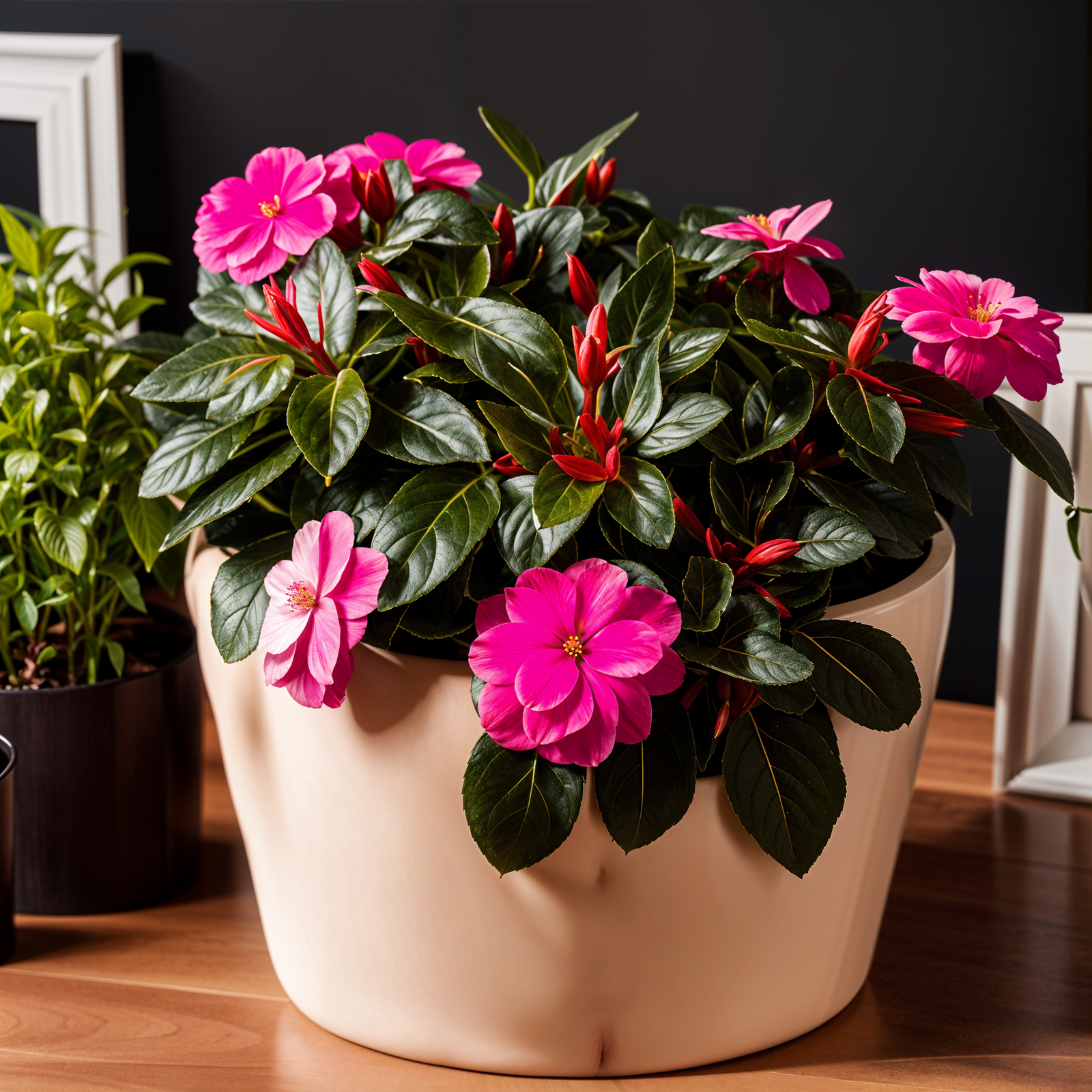 Highly detailed Impatiens walleriana in a planter, with flower, in clear indoor lighting.