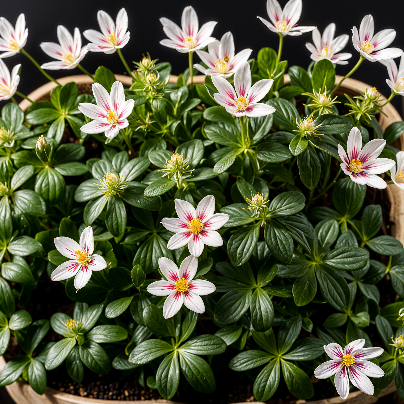 Oxalis montana plant with flower in a planter, set against a dark background in clear indoor lighting.