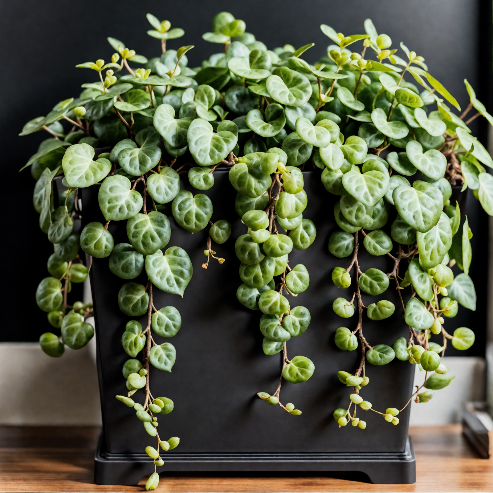 Peperomia prostrata with intricate leaves in a black tray, clear indoor lighting, against a dark background.