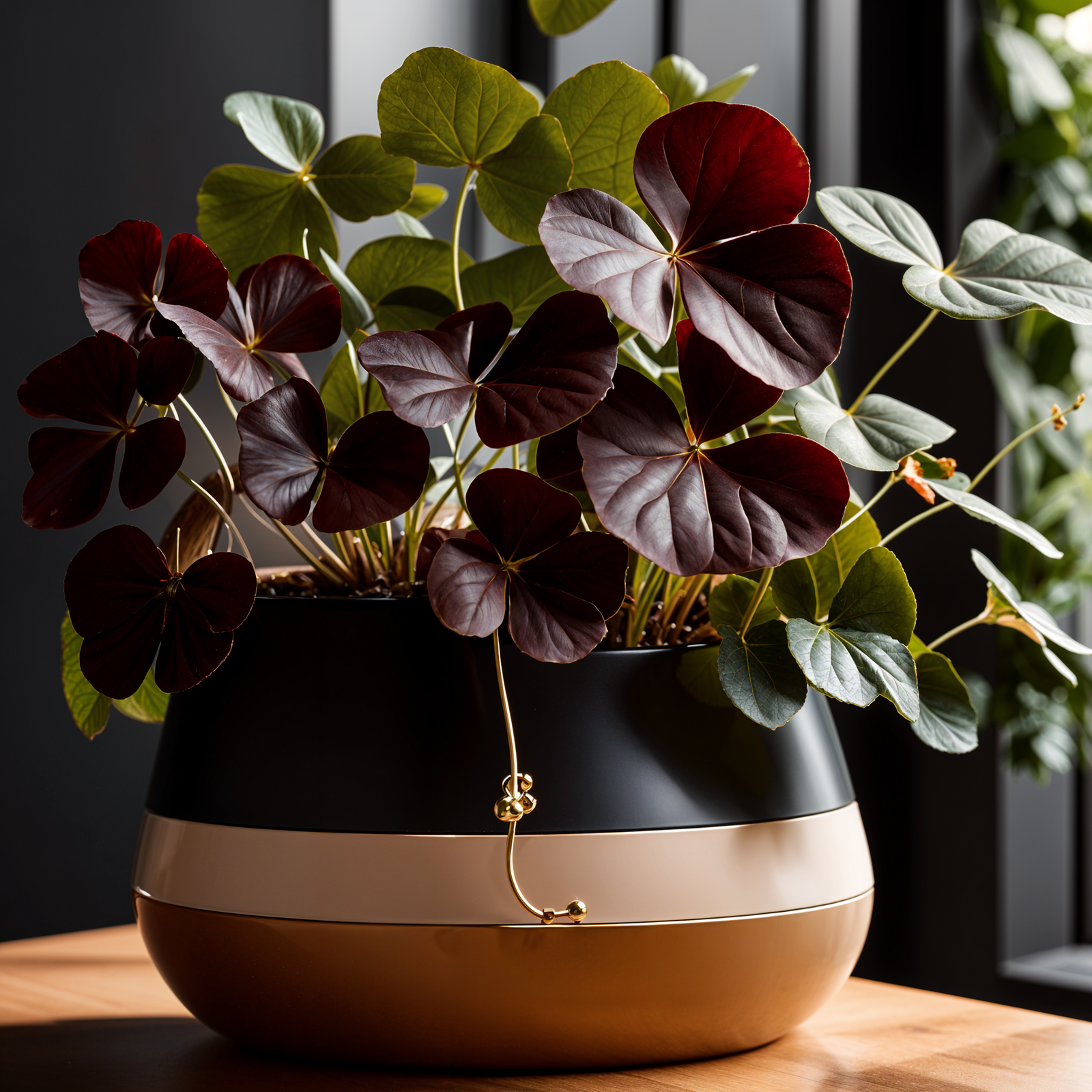 Oxalis triangularis plant with vibrant leaves in a planter, set against a dark background in clear indoor lighting.