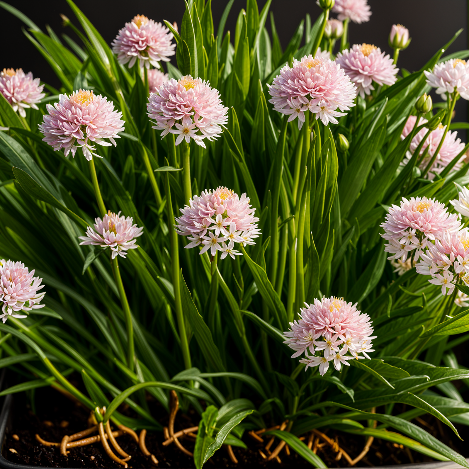 Highly detailed Allium schoenoprasum (chives) with flower in a planter, integrated into indoor decor.