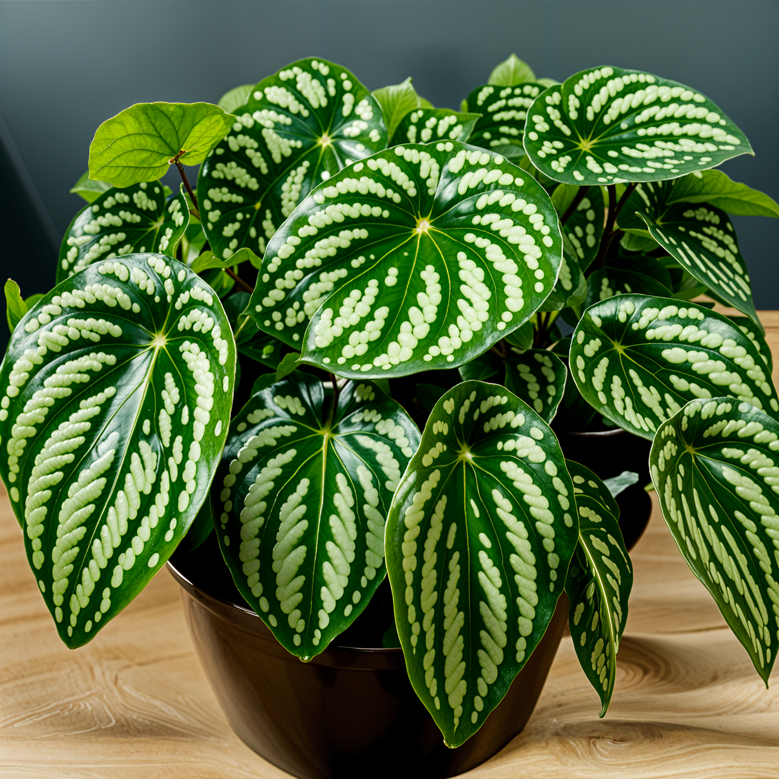 Peperomia argyreia plant with detailed leaves in a planter, set against a dark background indoors.