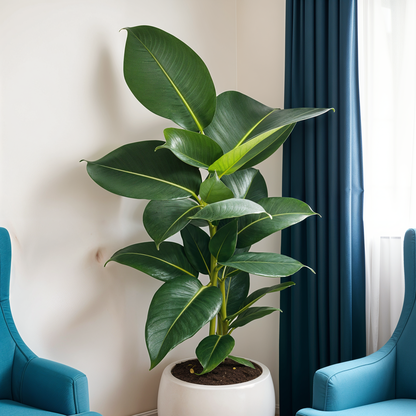 A large green Ficus elastica plant in a white planter, photographed in natural light.