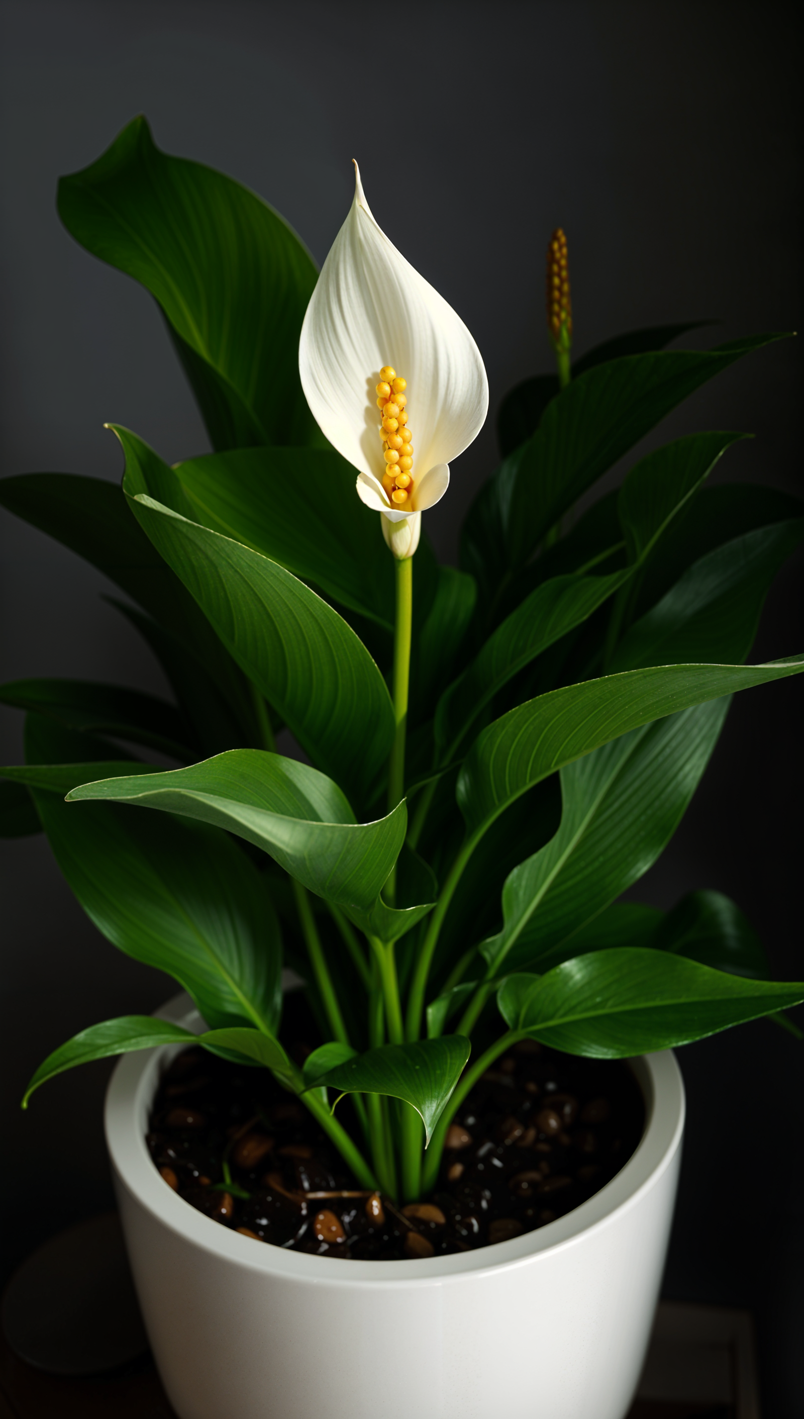 A white flower in a white pot on a table, centered in a clean room under natural lighting.
