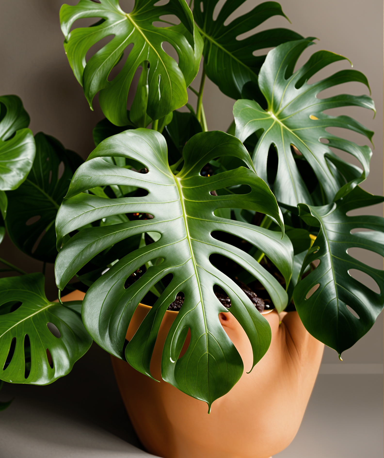 Highly detailed Monstera deliciosa in a planter, with clear lighting and a dark background.