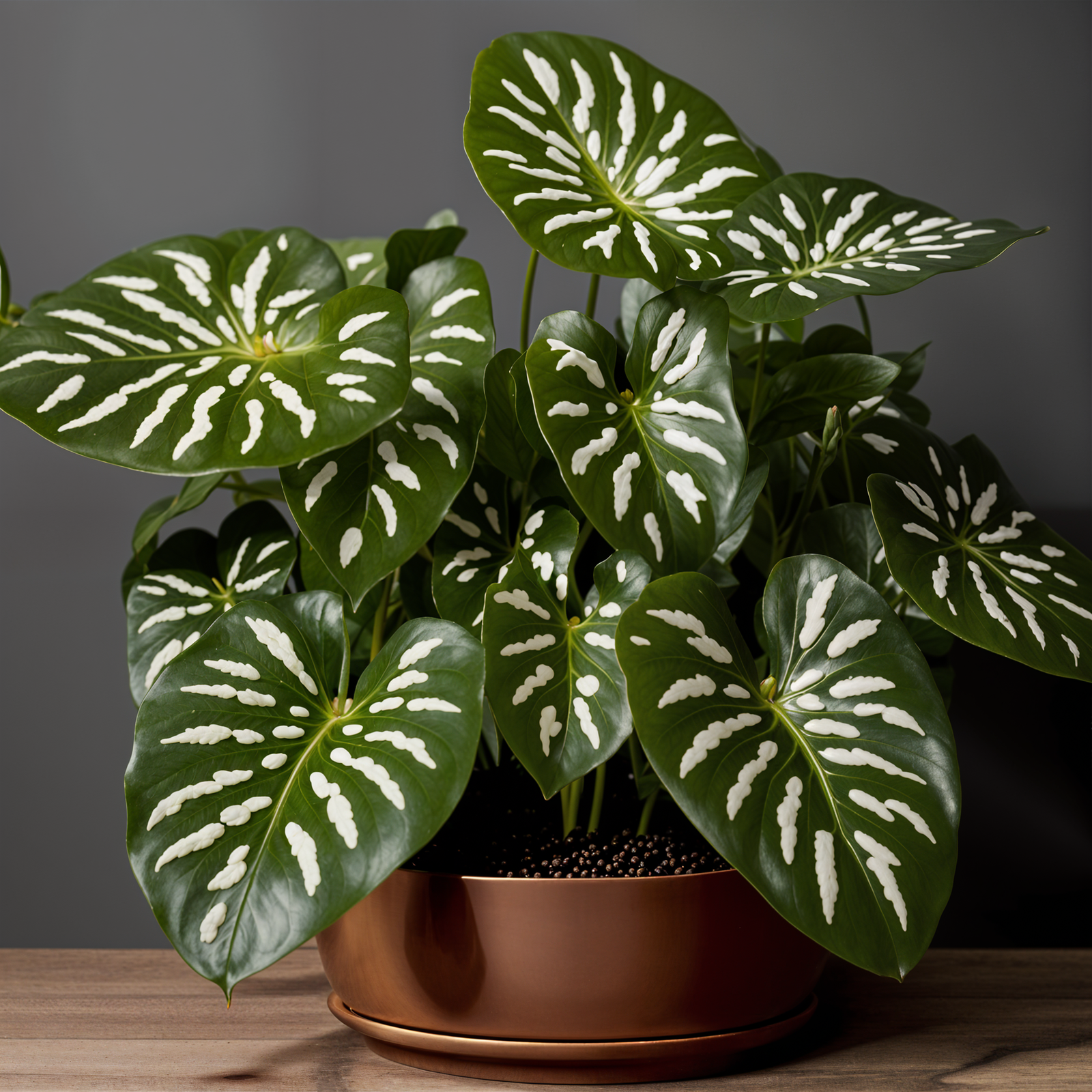 Caladium bicolor plant with vibrant leaves in a planter, set against a dark background in clear indoor lighting.