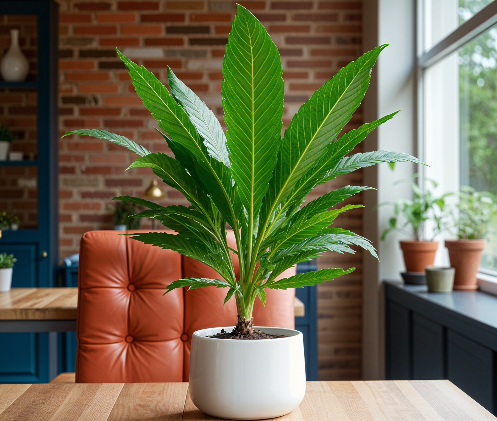 A potted Cannabis sativa plant on a wooden table, centered in a modern planter, with natural lighting highlighting its structure.