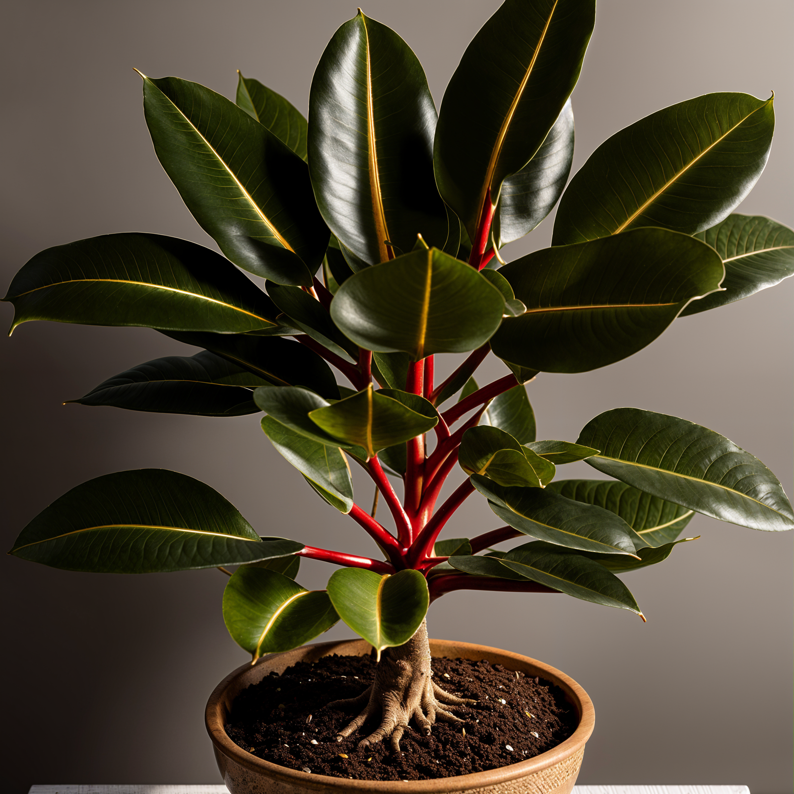 Highly detailed Ficus elastica (rubber plant) in a planter, with clear lighting and a dark background.