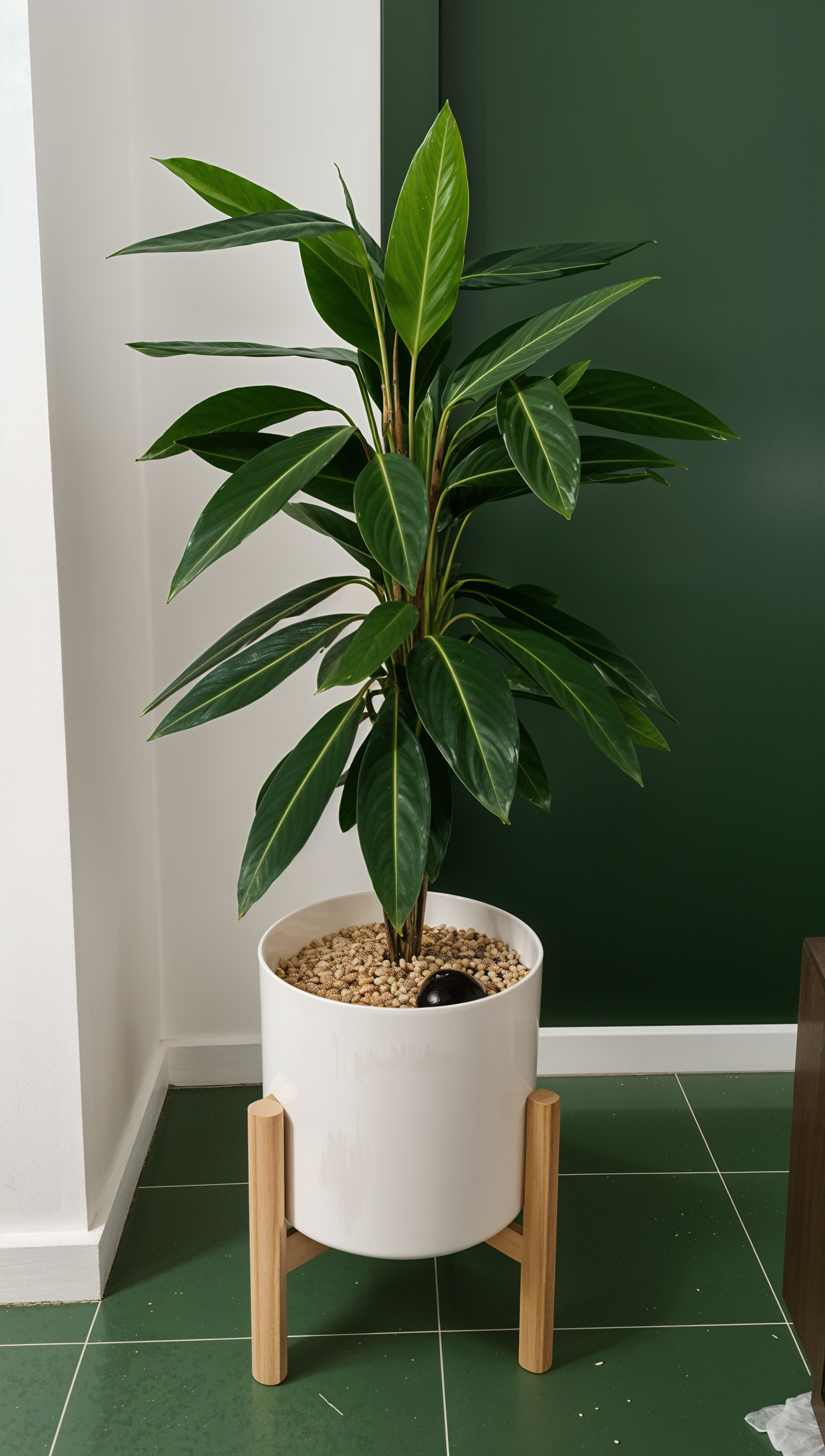 A potted Ctenanthe oppenheimiana (TOK plant) on a wooden stand in a minimalist room with natural lighting.