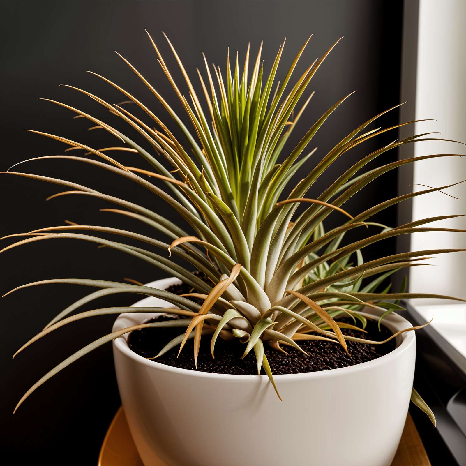 Highly detailed Tillandsia ionantha in a planter, with clear lighting and a dark background.