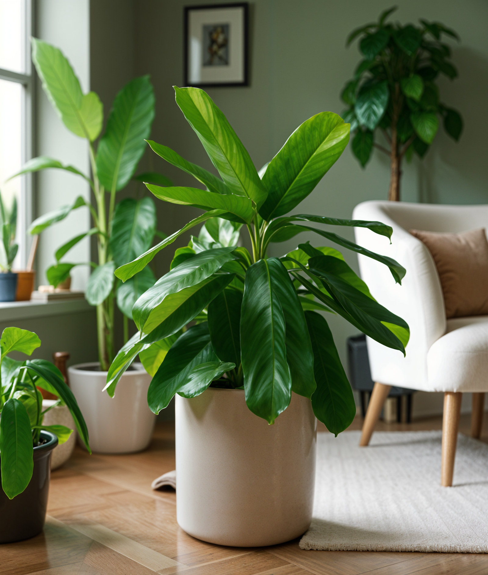 A living room with a Ctenanthe lubbersiana plant in a modern planter, surrounded by Asparagus green walls and Hunter green accents.