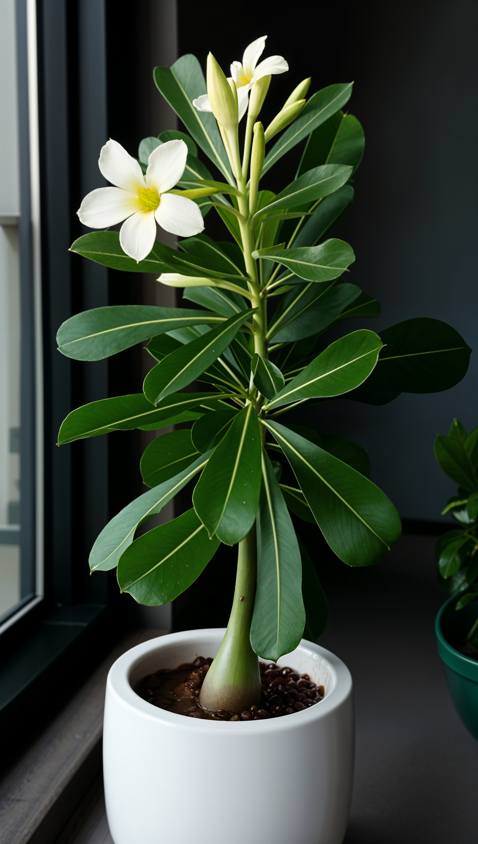 A potted Adenium obesum (TOK plant) with white flowers on a window sill, illuminated by natural light.