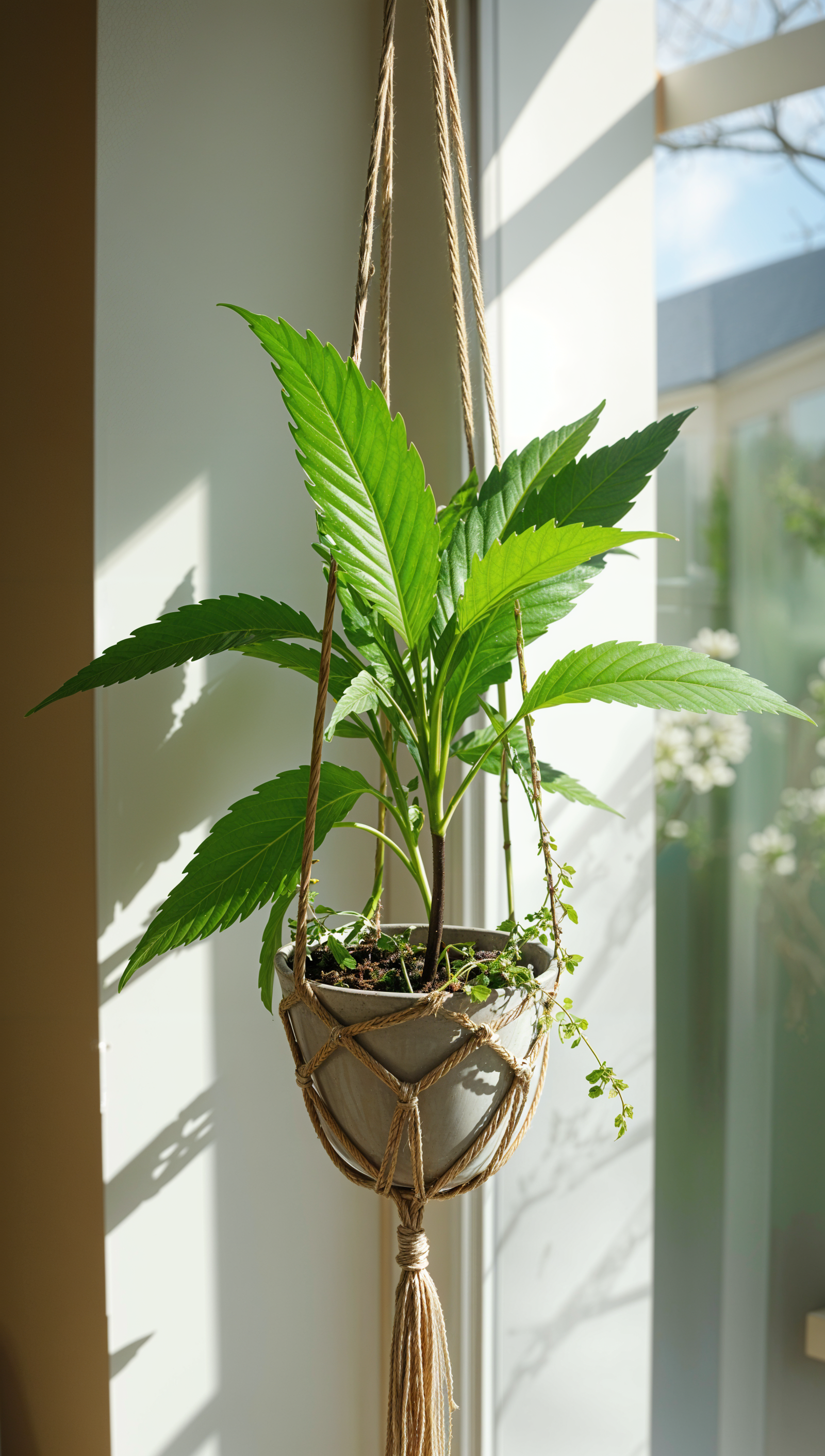 A potted Cannabis sativa plant hangs from a window sill, with a modern macrame holder and soft lighting highlighting its features.