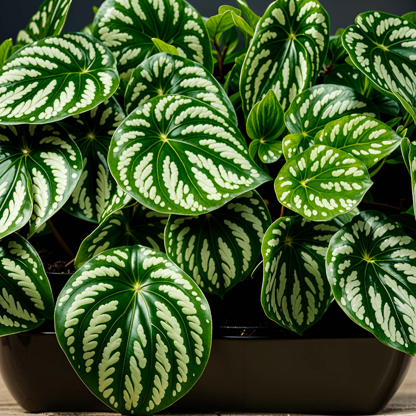 Peperomia argyreia, also known as Watermelon Peperomia, in a planter under clear indoor lighting.