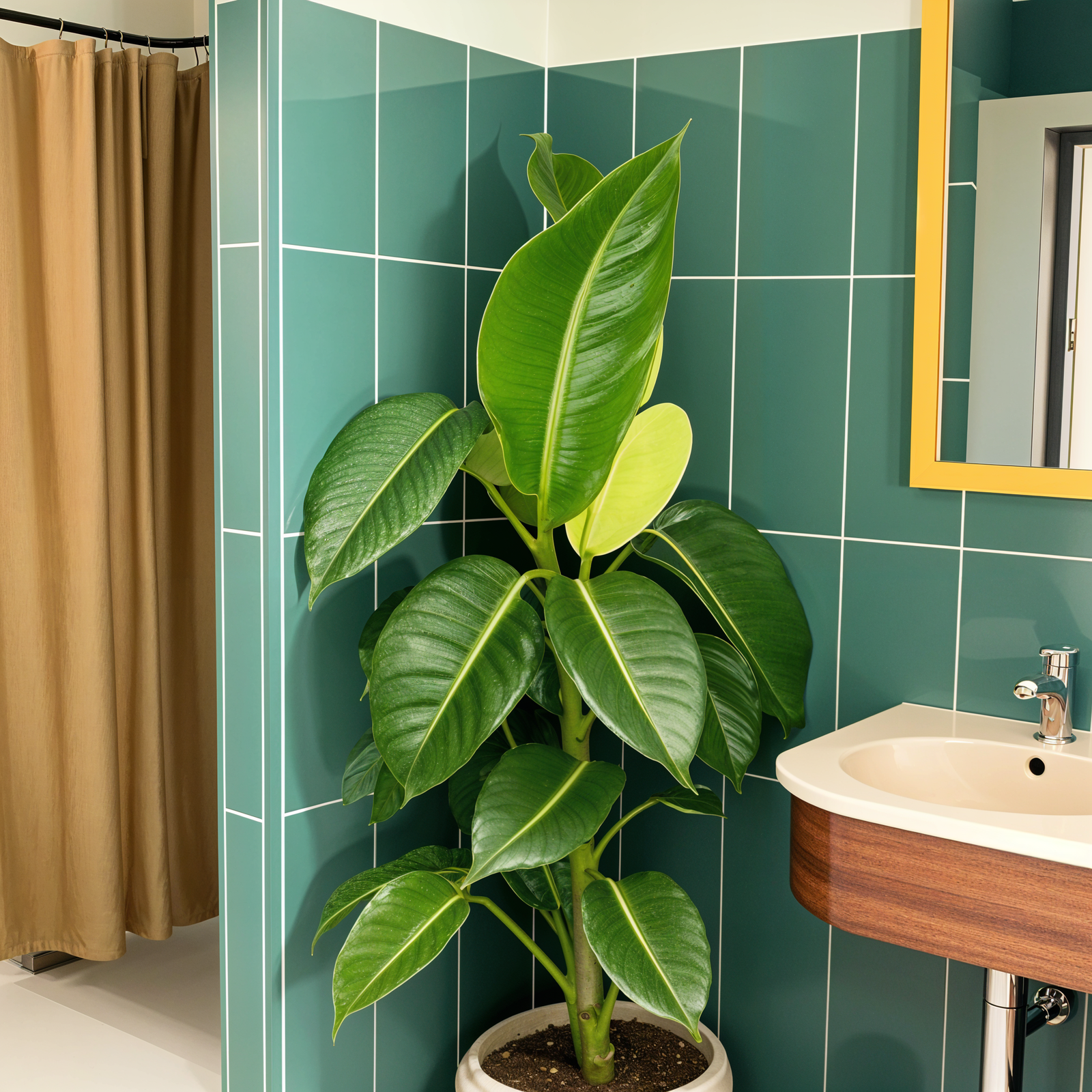 A potted Ficus elastica (TOK plant) in a modern bathroom next to a sink, under natural lighting.