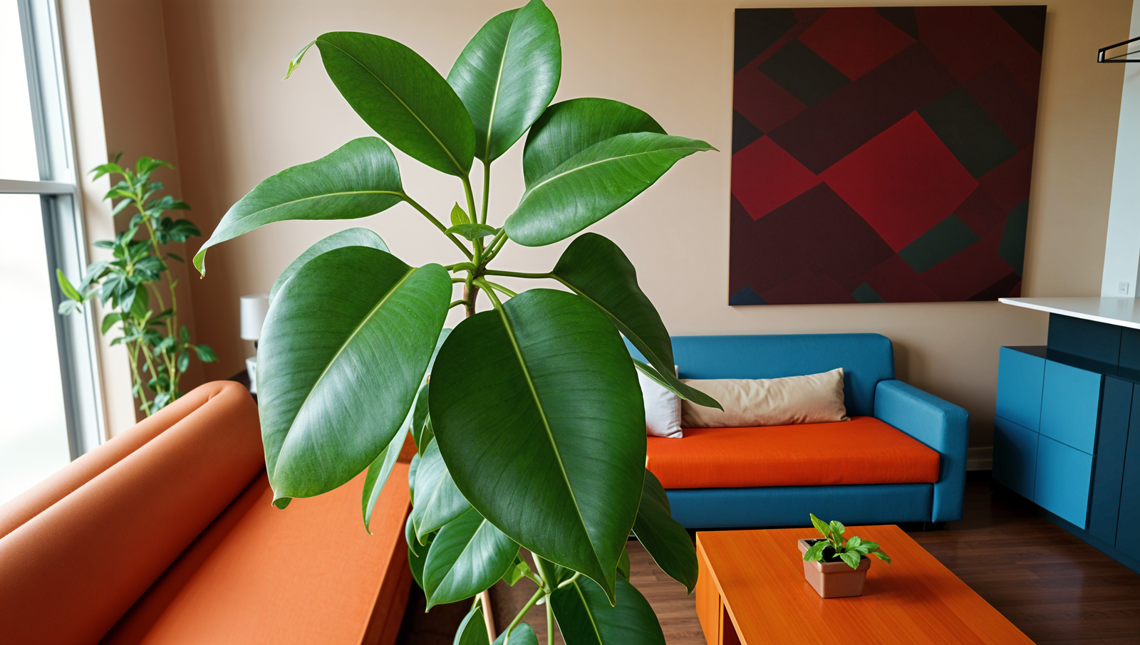 A living room with a Ficus elastica plant in a modern planter on a coffee table, surrounded by clean and minimal decor.