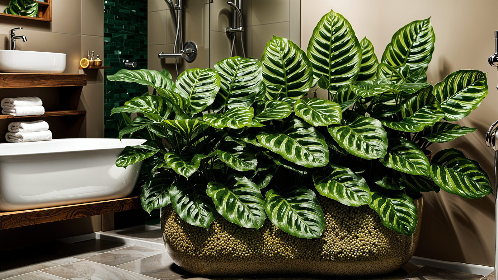 Goeppertia makoyana plant in a planter, placed in a fern green tiled bathroom with clear lighting.