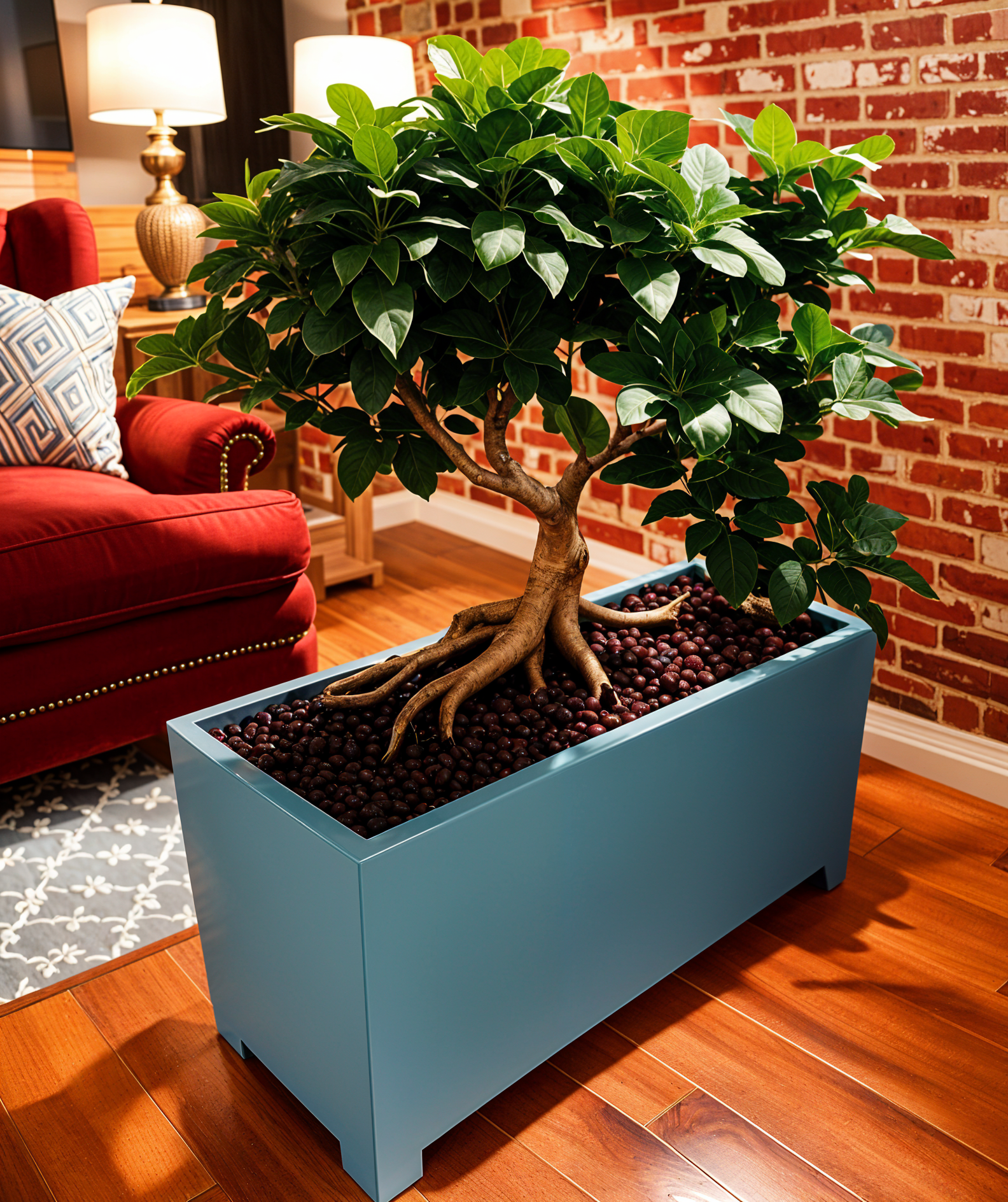 Ficus microcarpa tree in a planter, detailed leaves, in a farmhouse style room with neutral colors.