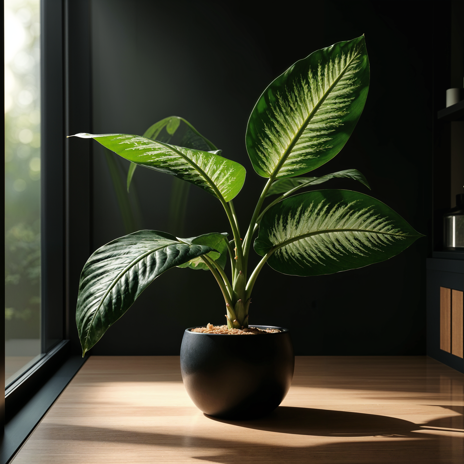 A potted Dieffenbachia seguine plant on a table next to a window, with natural light highlighting its structure.