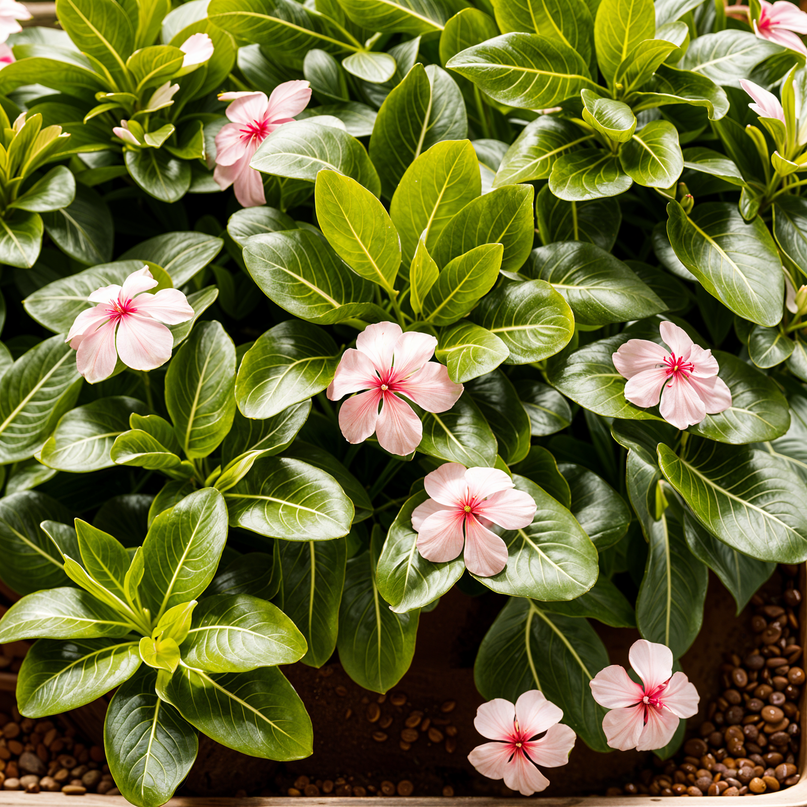 Catharanthus roseus plant with flower in a planter, under clear lighting with a dark background.