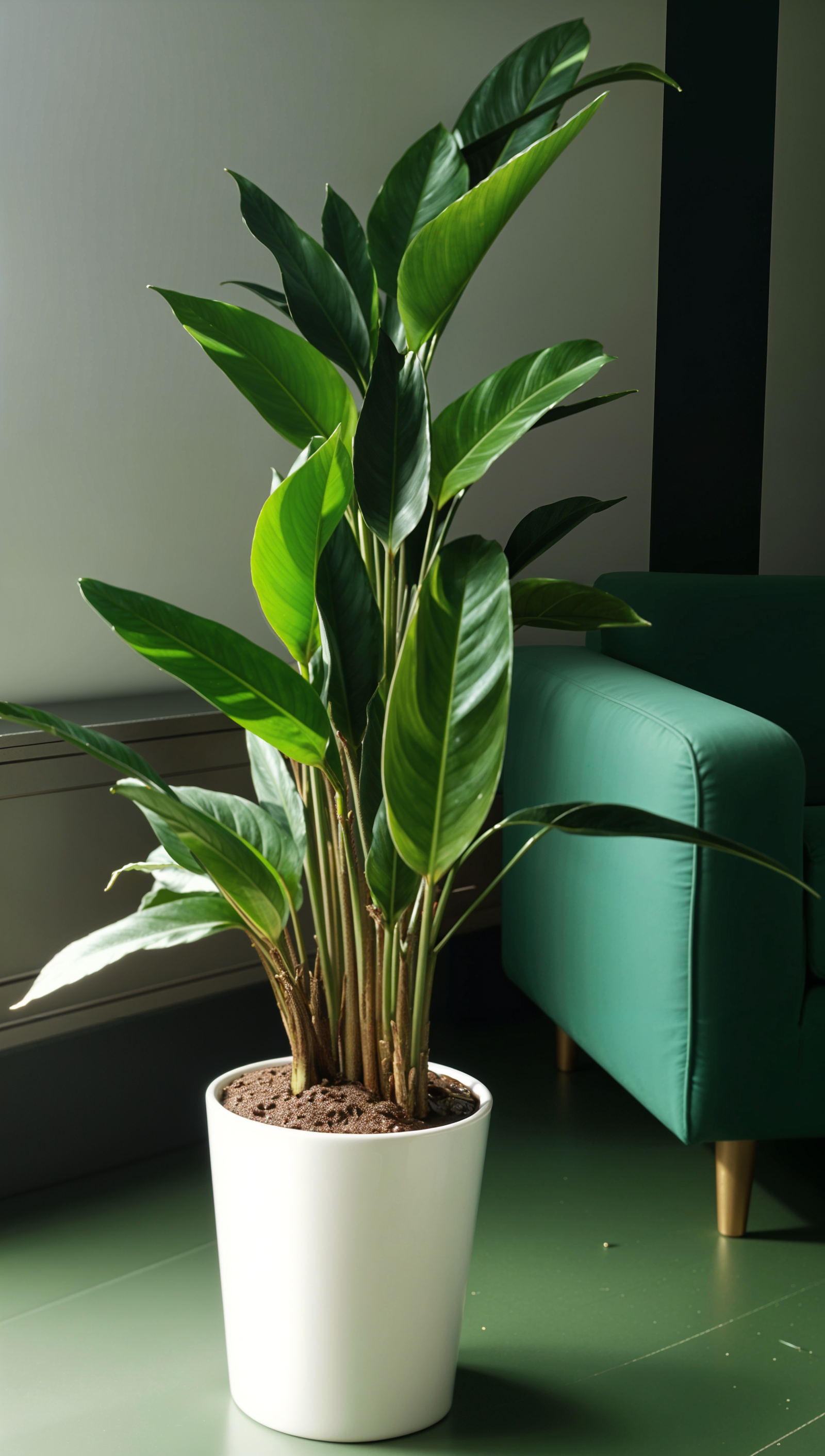 A Ctenanthe oppenheimiana potted plant on a green table, in a clean minimal room with natural lighting.