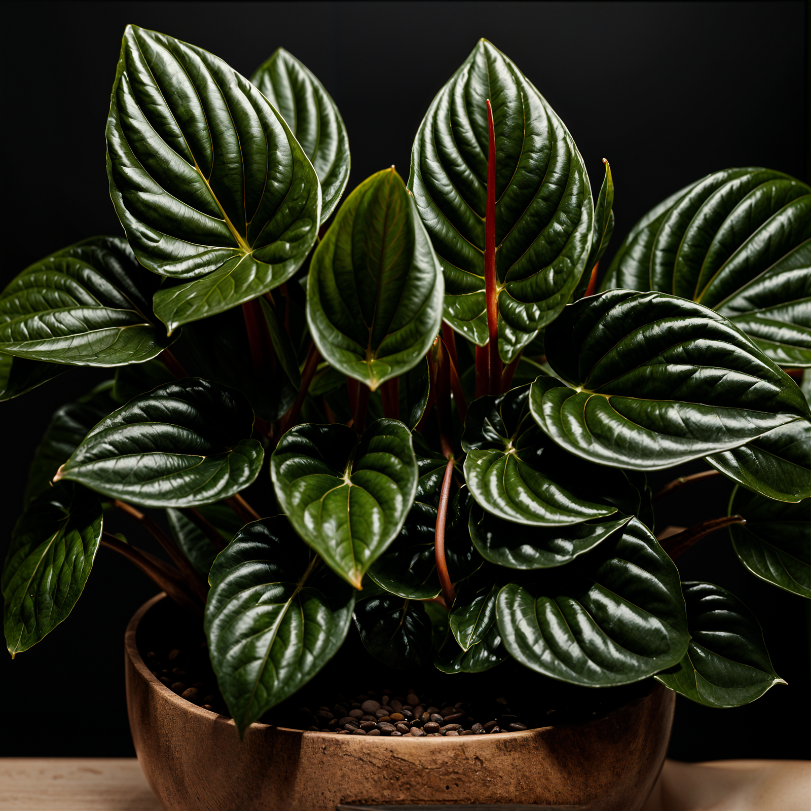 Peperomia caperata plant with detailed leaves in a planter, set against a dark background indoors.