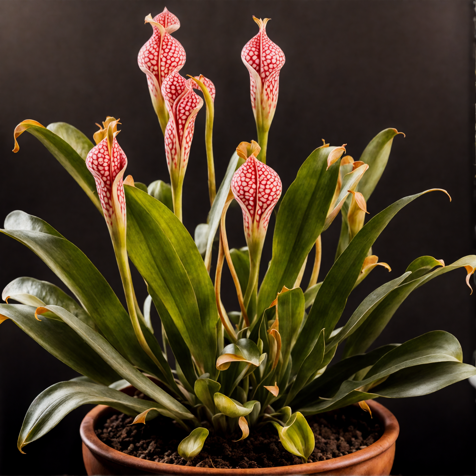 Sarracenia leucophylla, pink pitcher plants in a pot, with a dark, clear-lit backdrop.