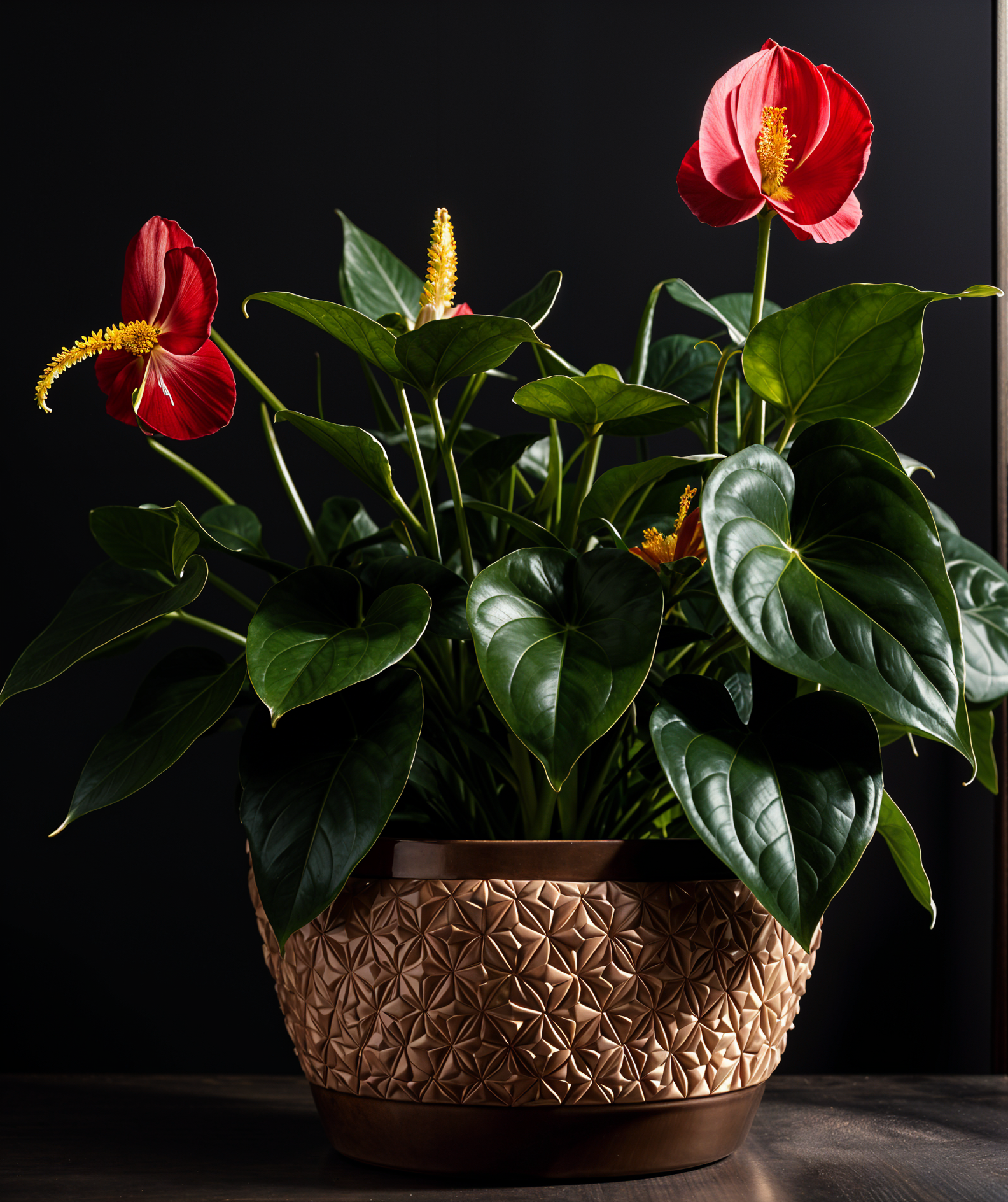 Anthurium scherzerianum plant with a flower in a planter, under clear indoor lighting.