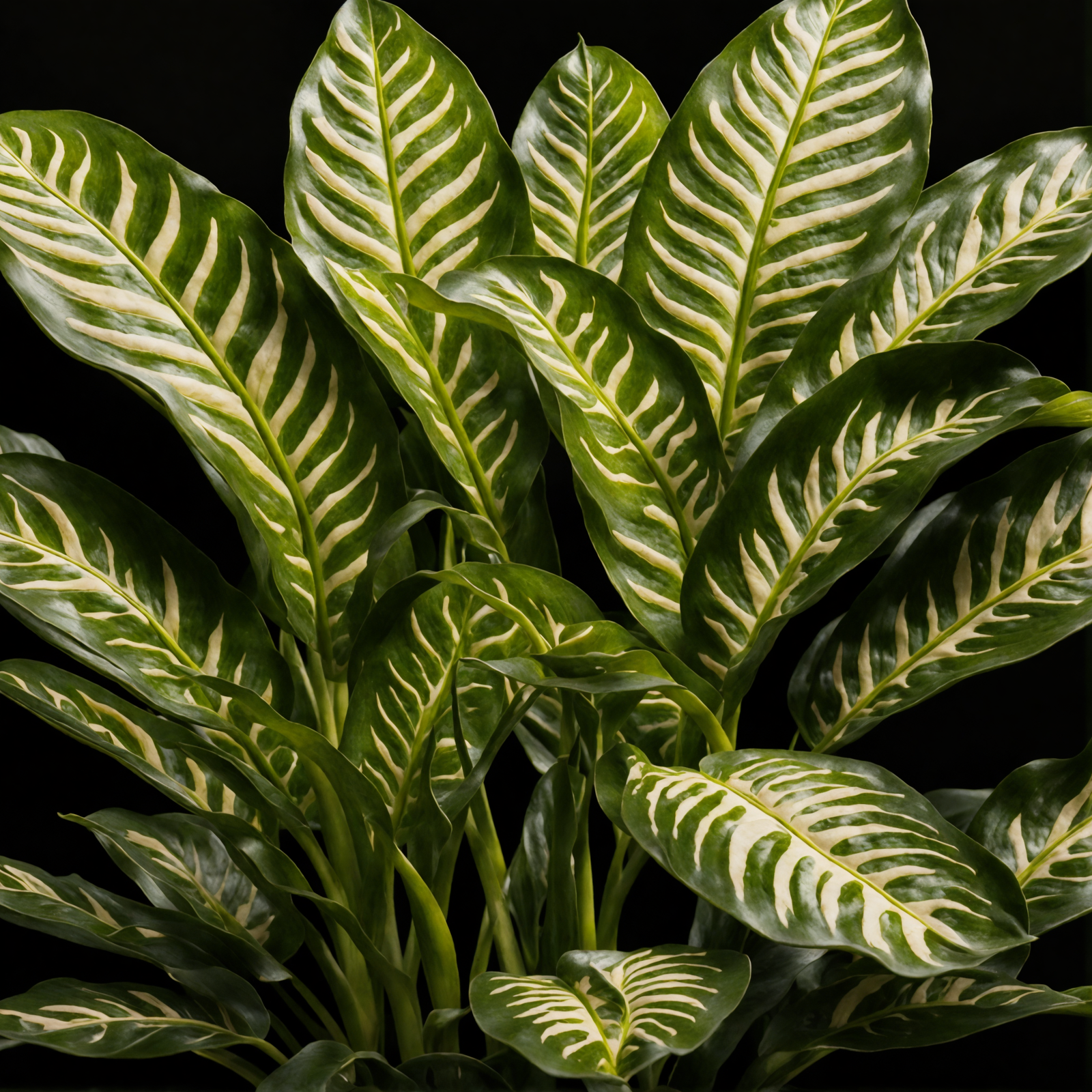 Dieffenbachia seguine in a planter, with detailed leaves, against a dark background, in clear indoor lighting.