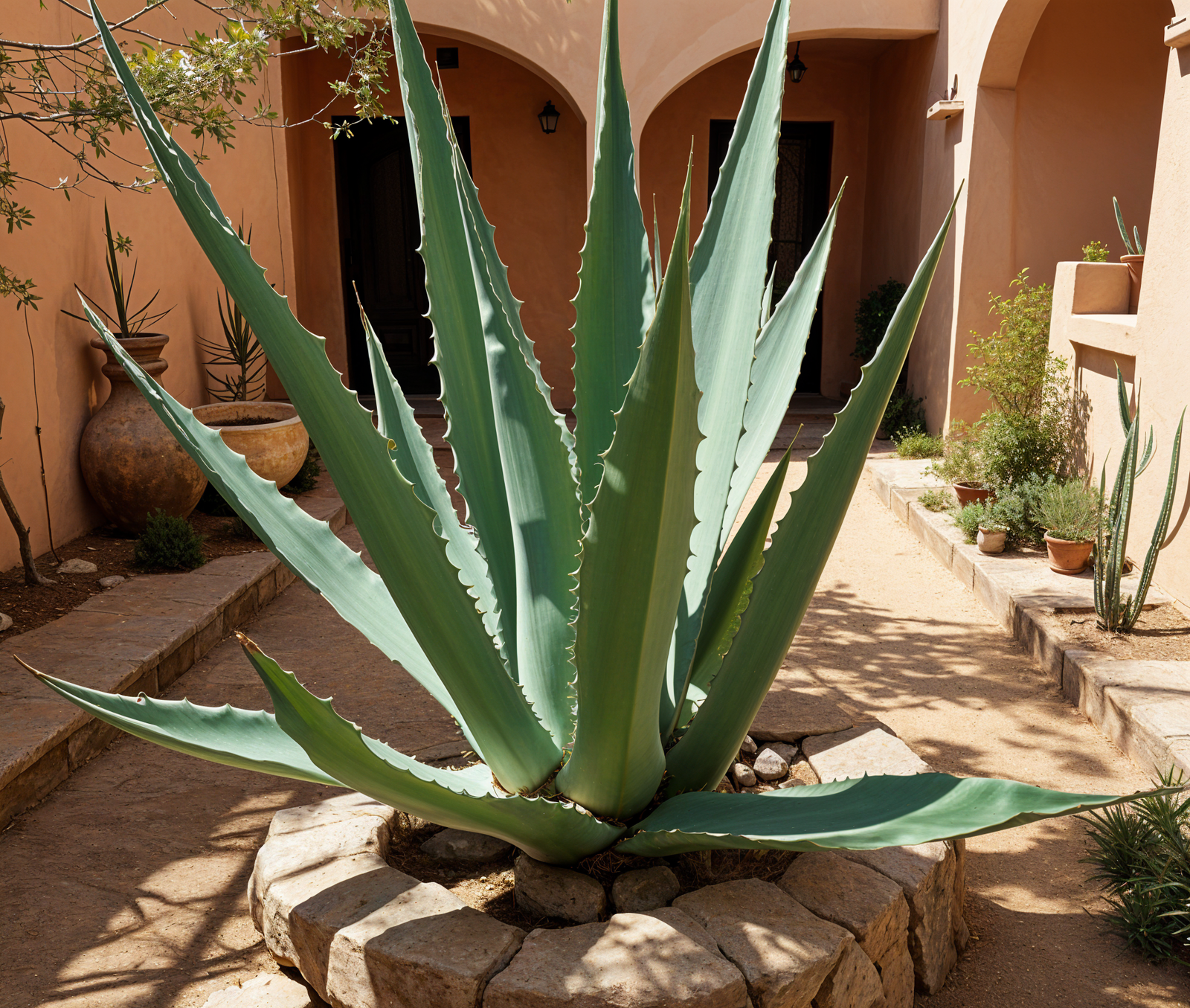 Large green Agave americana plant sitting on a rock in a sun-drenched courtyard.