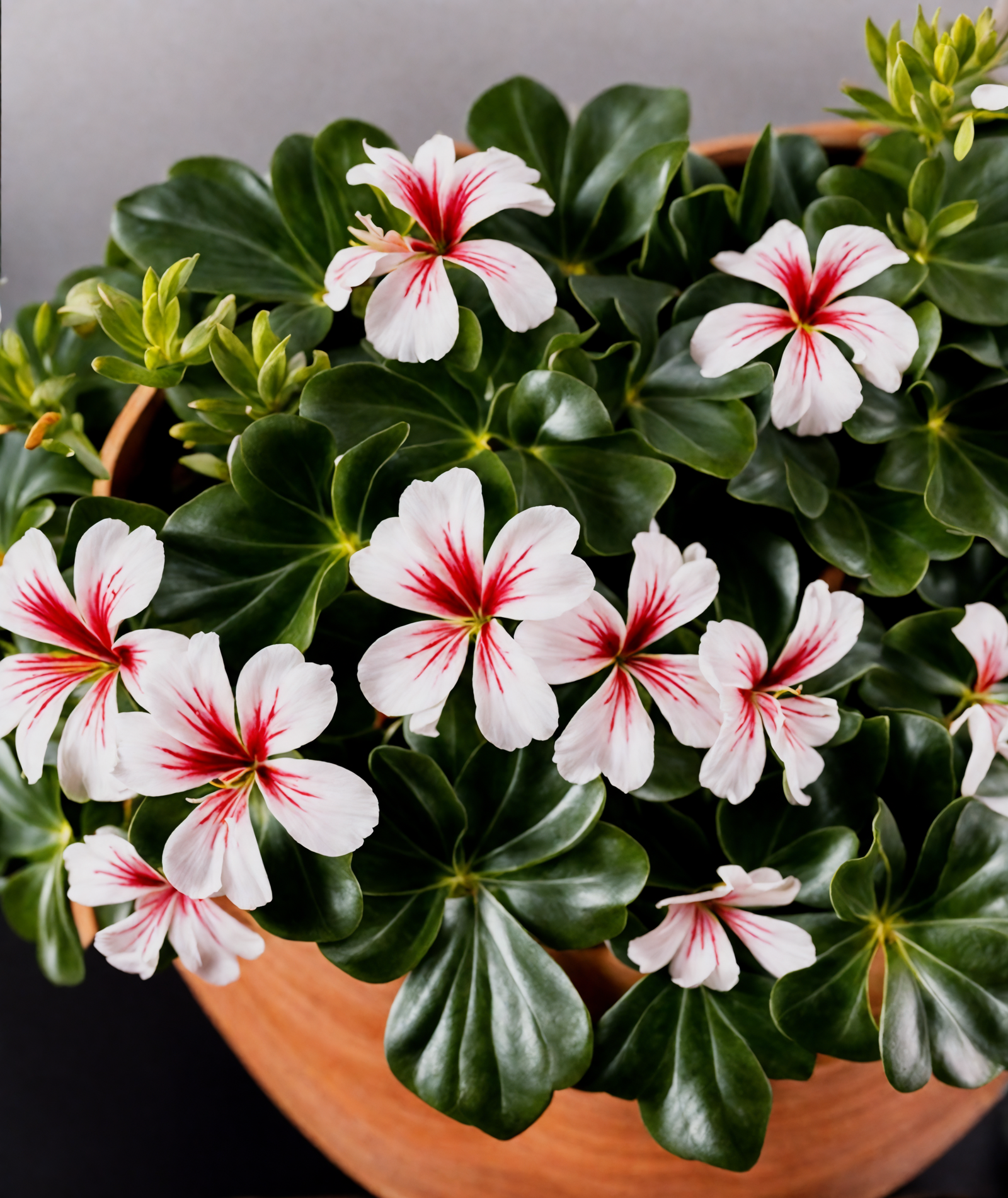 Pink Pelargonium peltatum flowers in a planter on a wooden table, with clear lighting and a dark background.