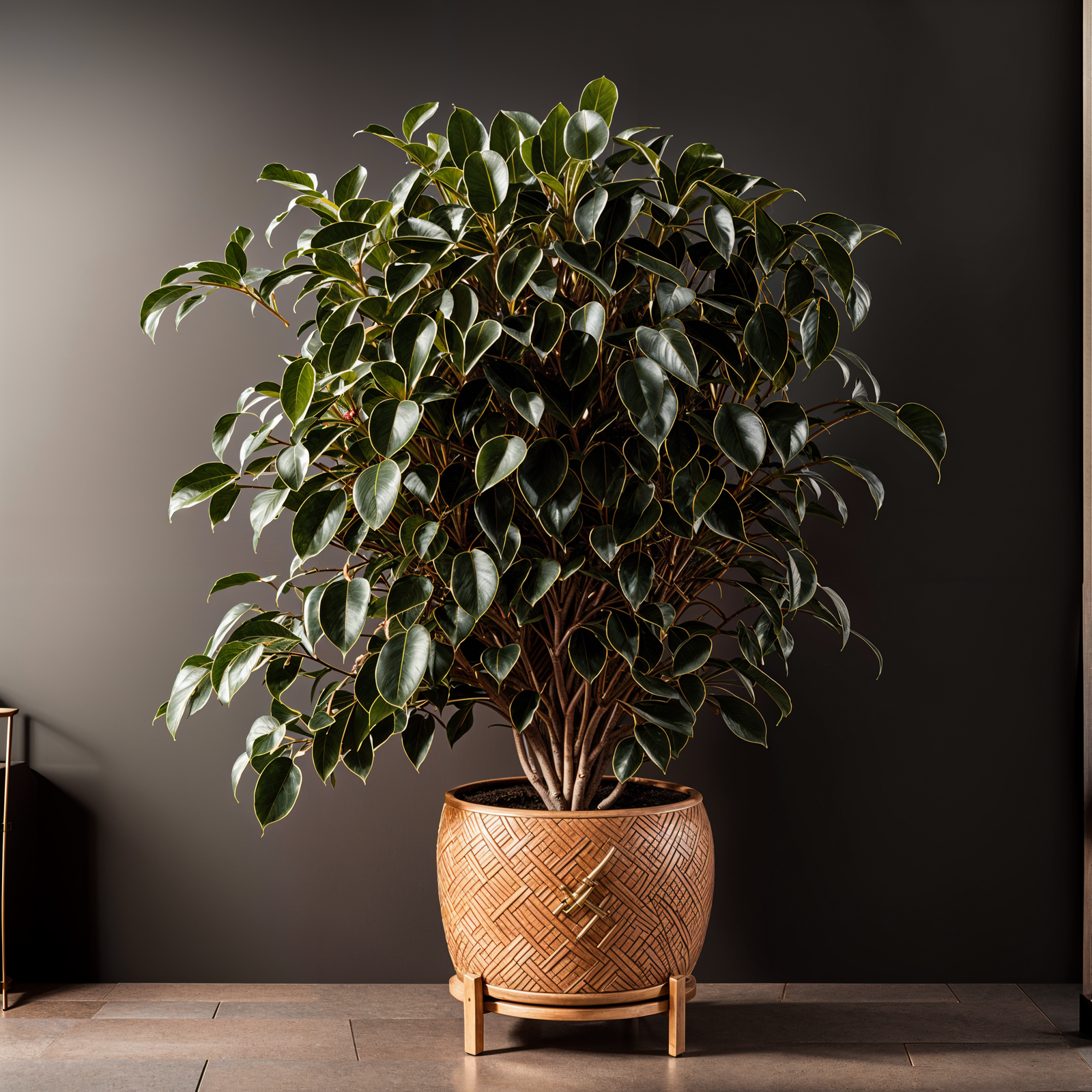 Highly detailed Ficus benjamina in a planter, with clear lighting and a dark background.