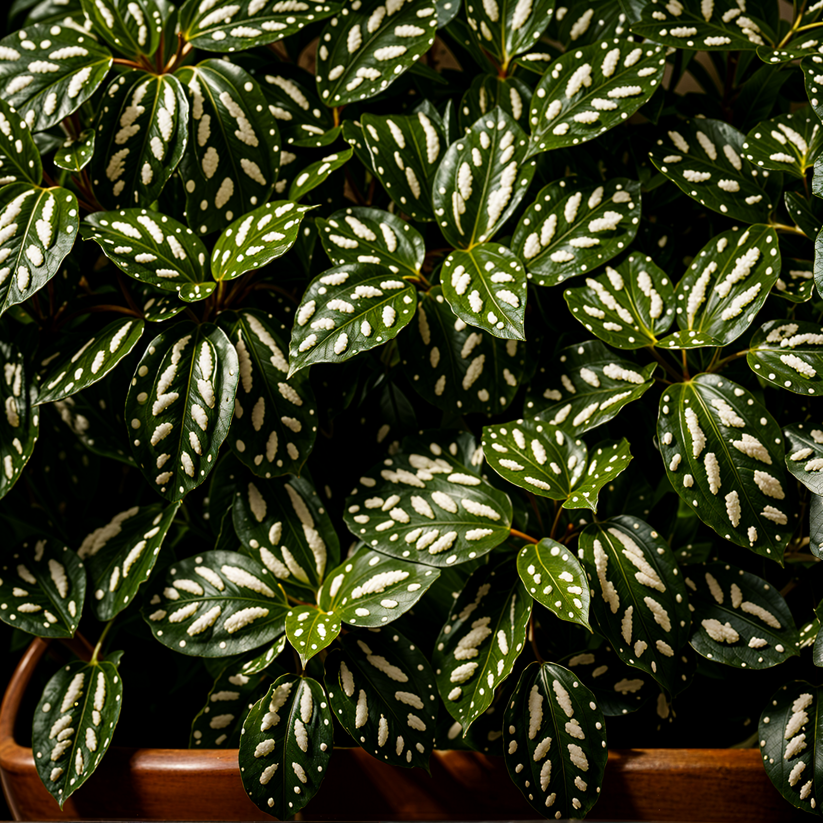 Pilea cadierei plant with detailed leaves in a planter, under clear indoor lighting, dark background.