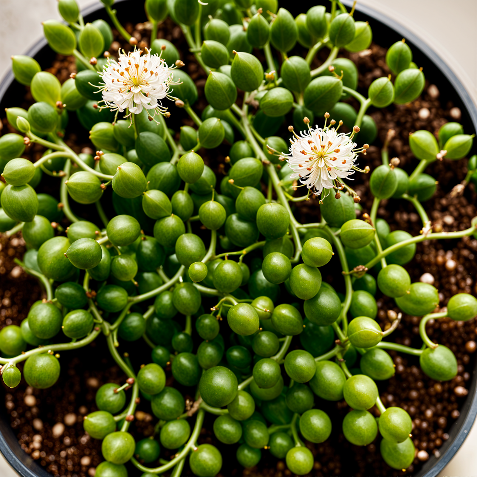 Highly detailed Curio rowleyanus in a planter, with clear lighting and dark background.