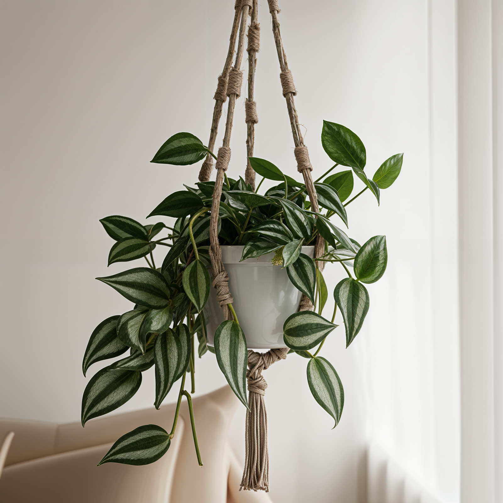 A potted Tradescantia zebrina plant hanging from a macrame holder in a soft lit indoor setting.
