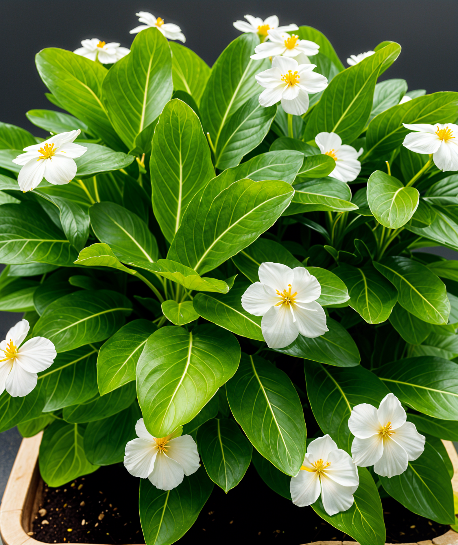 Highly detailed Catharanthus roseus in a planter, with flowers, in clear indoor lighting.