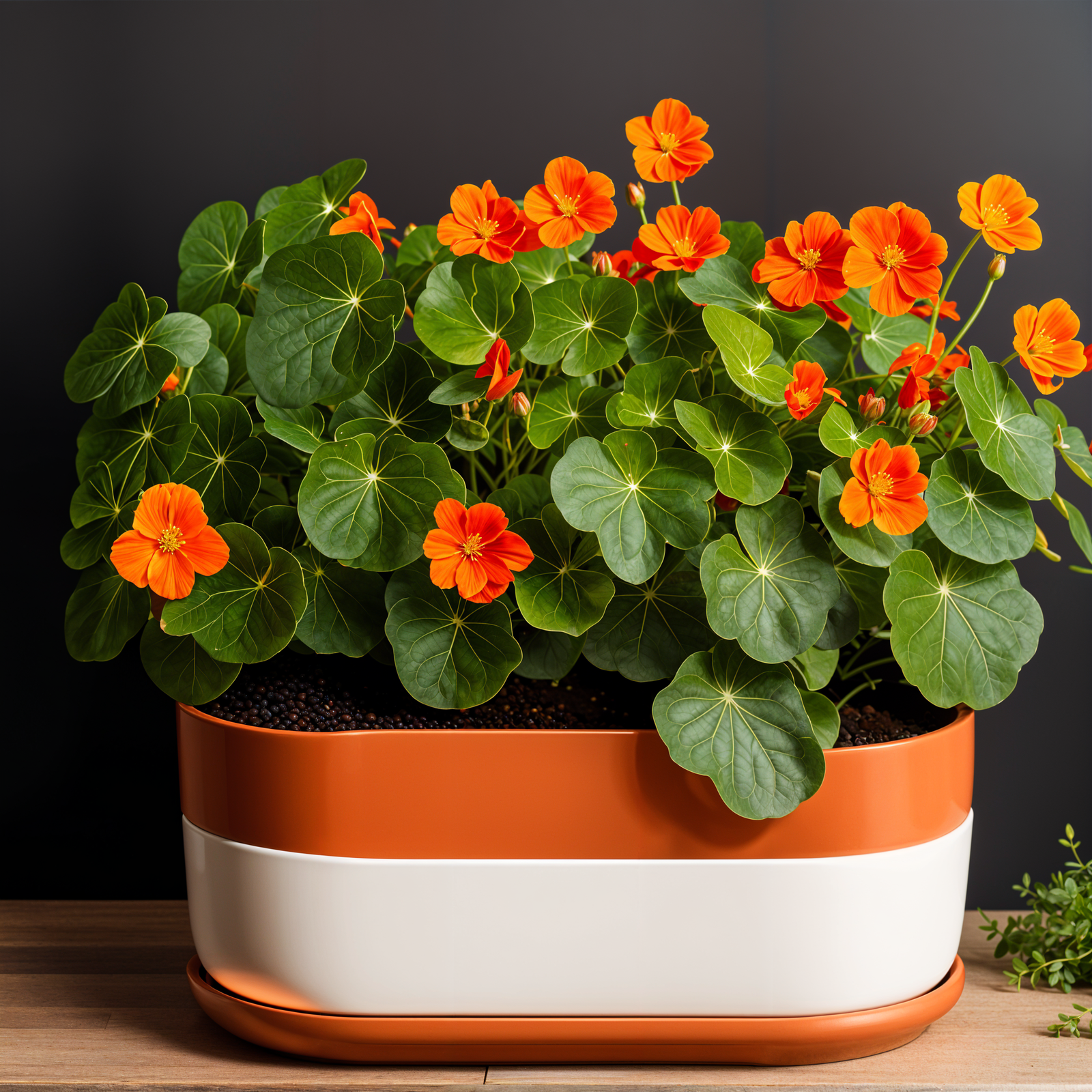 Highly detailed Tropaeolum majus plant with flower in a planter, set against a dark background.