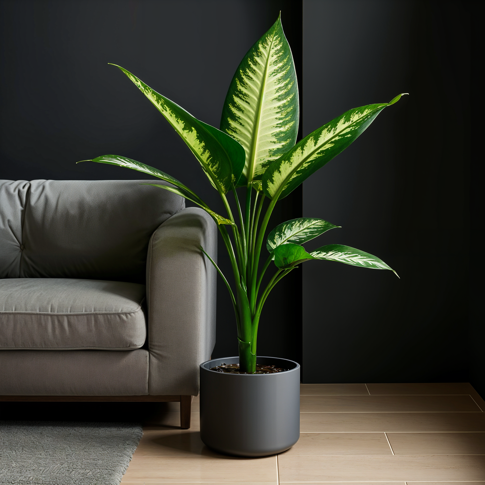 A large green Dieffenbachia seguine plant in a black pot, with natural lighting highlighting its structure.