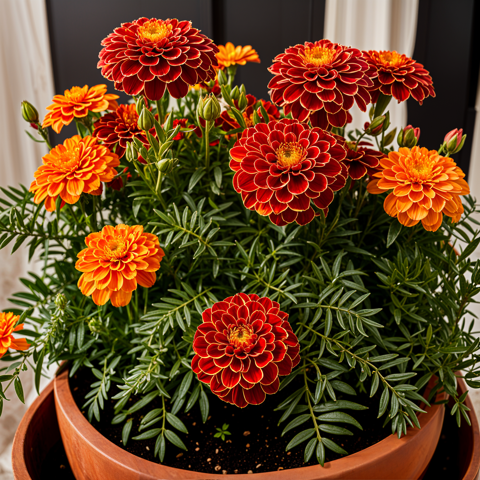 Tagetes erecta, or marigold, in a planter with a flower, under clear lighting against a dark background.