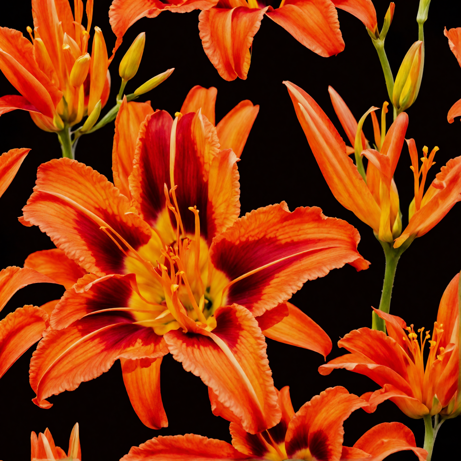 A single, detailed Hemerocallis fulva (orange daylily) flower, centered on a dark background.