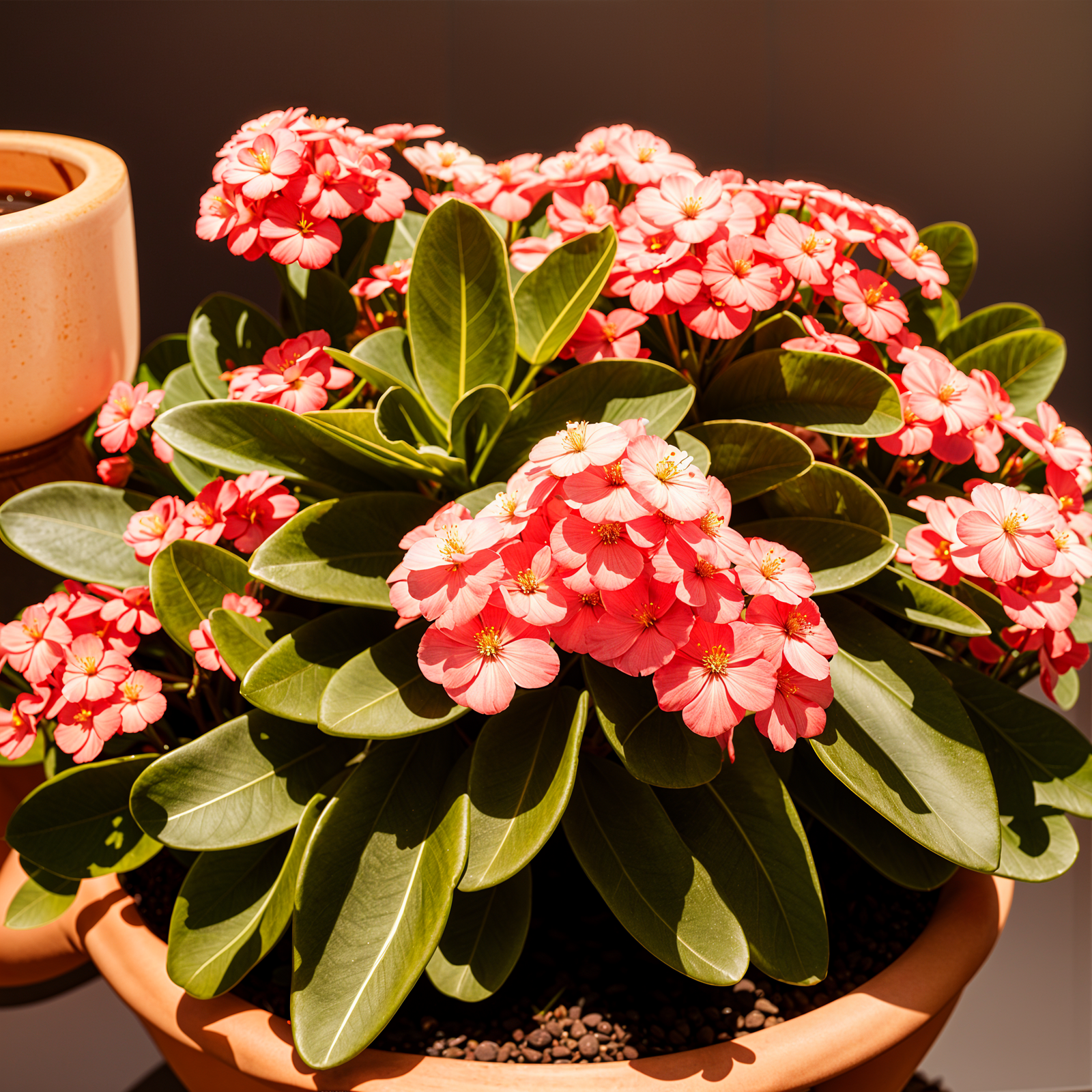 Highly detailed Euphorbia milii plant with flowers in a planter, set against a dark background.