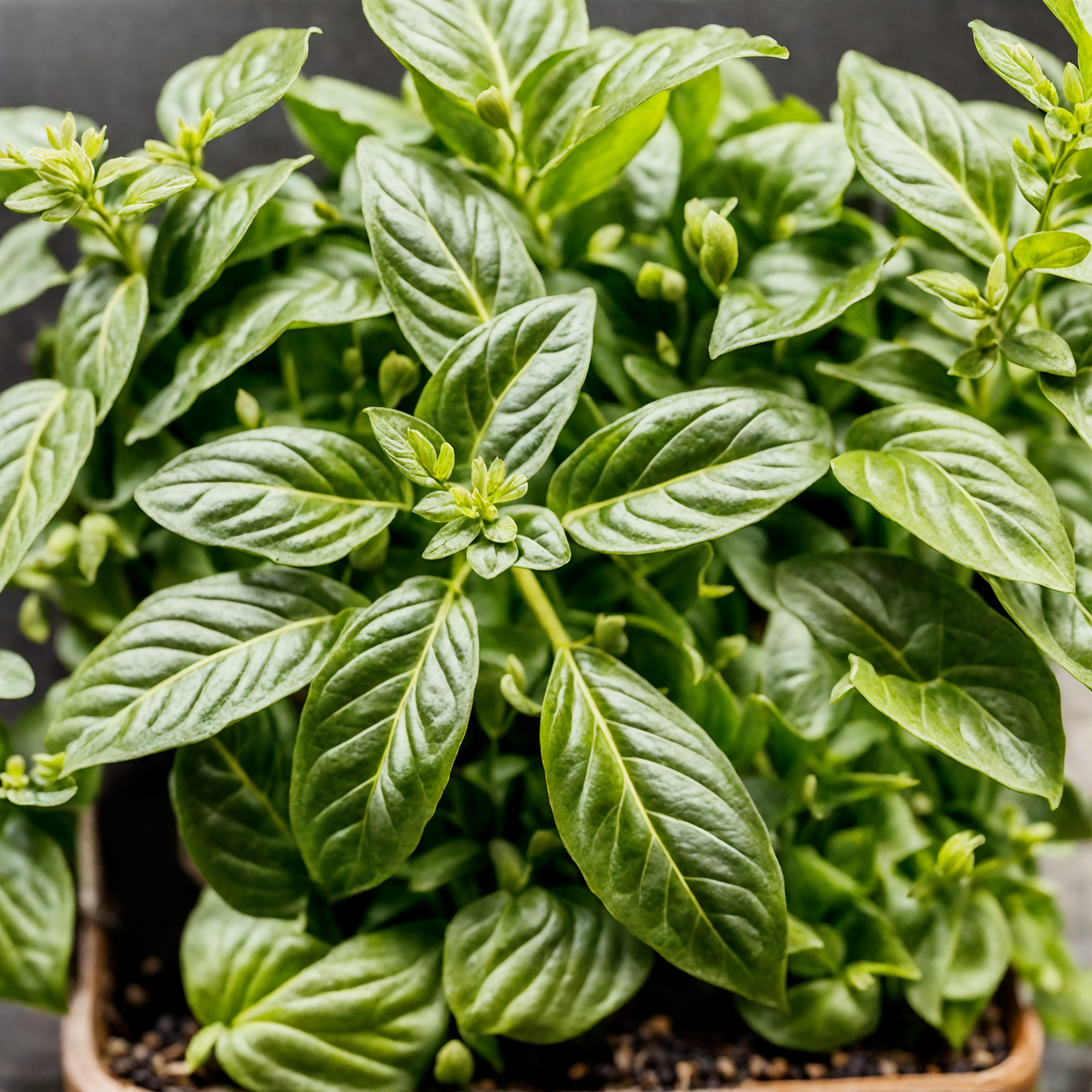 Lush basil (Ocimum basilicum) in a bowl planter, with more plants behind, clear lighting, and a dark backdrop.
