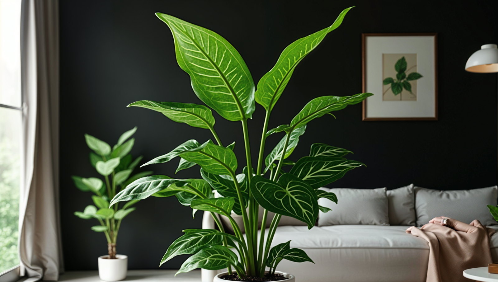 A green Arum italicum plant in a modern planter, centered in a clean and minimal living room with natural lighting.