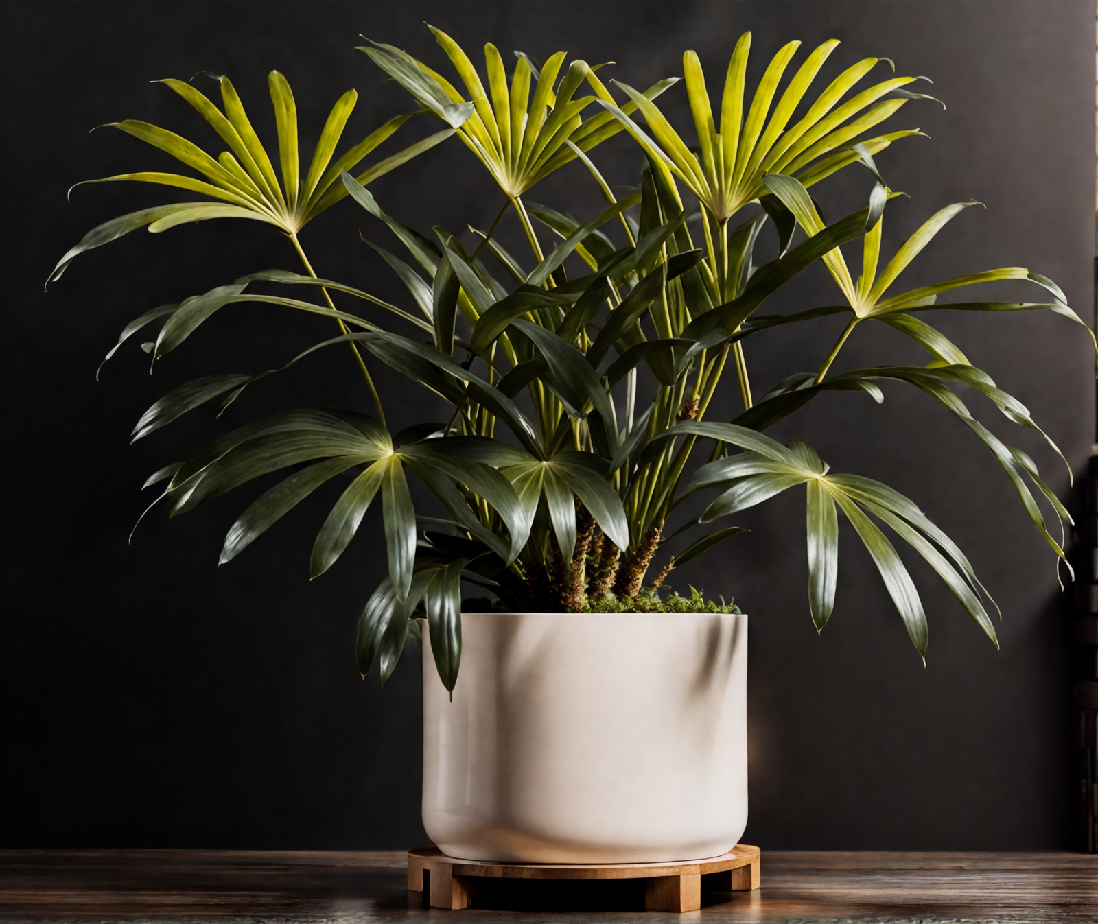 Rhapis excelsa in a white vase on a wooden table, with clear lighting and a dark background.