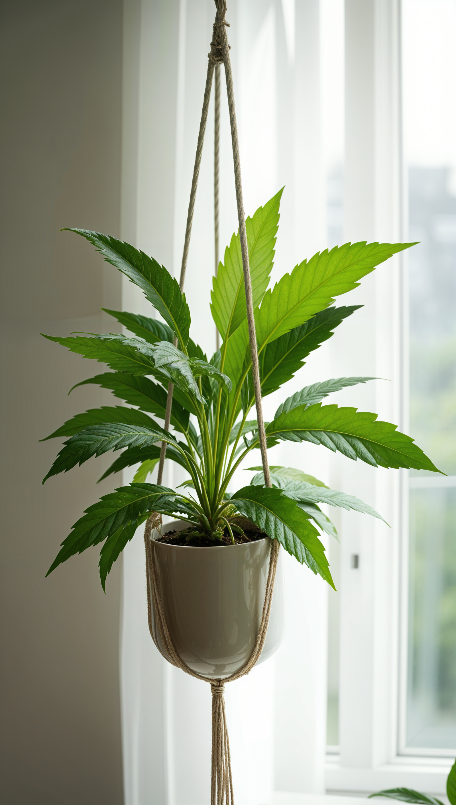 A potted Cannabis sativa plant hanging from a macrame holder in front of a window with soft lighting.