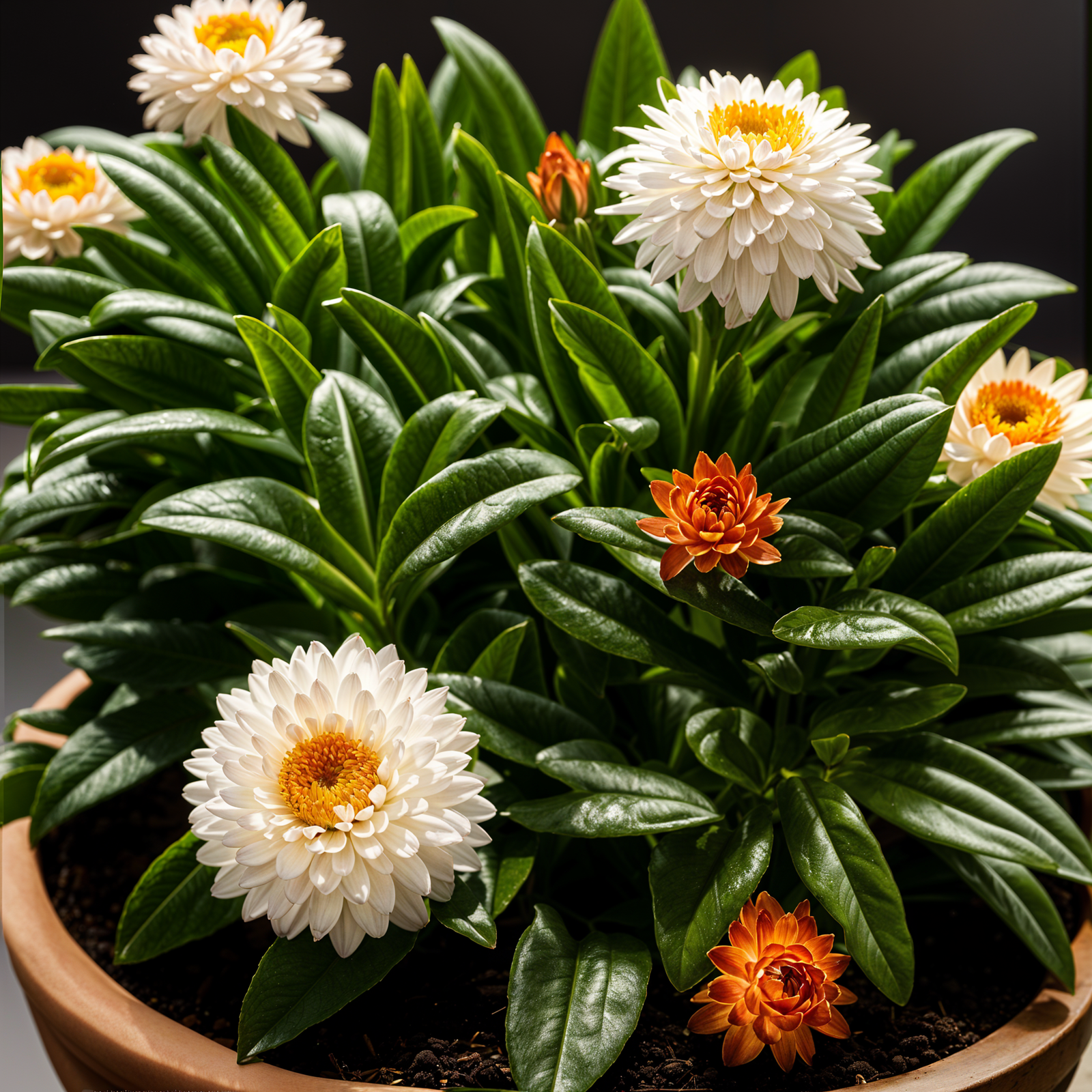 Xerochrysum bracteatum, also known as TOK, in a planter with a flower, under clear indoor lighting.