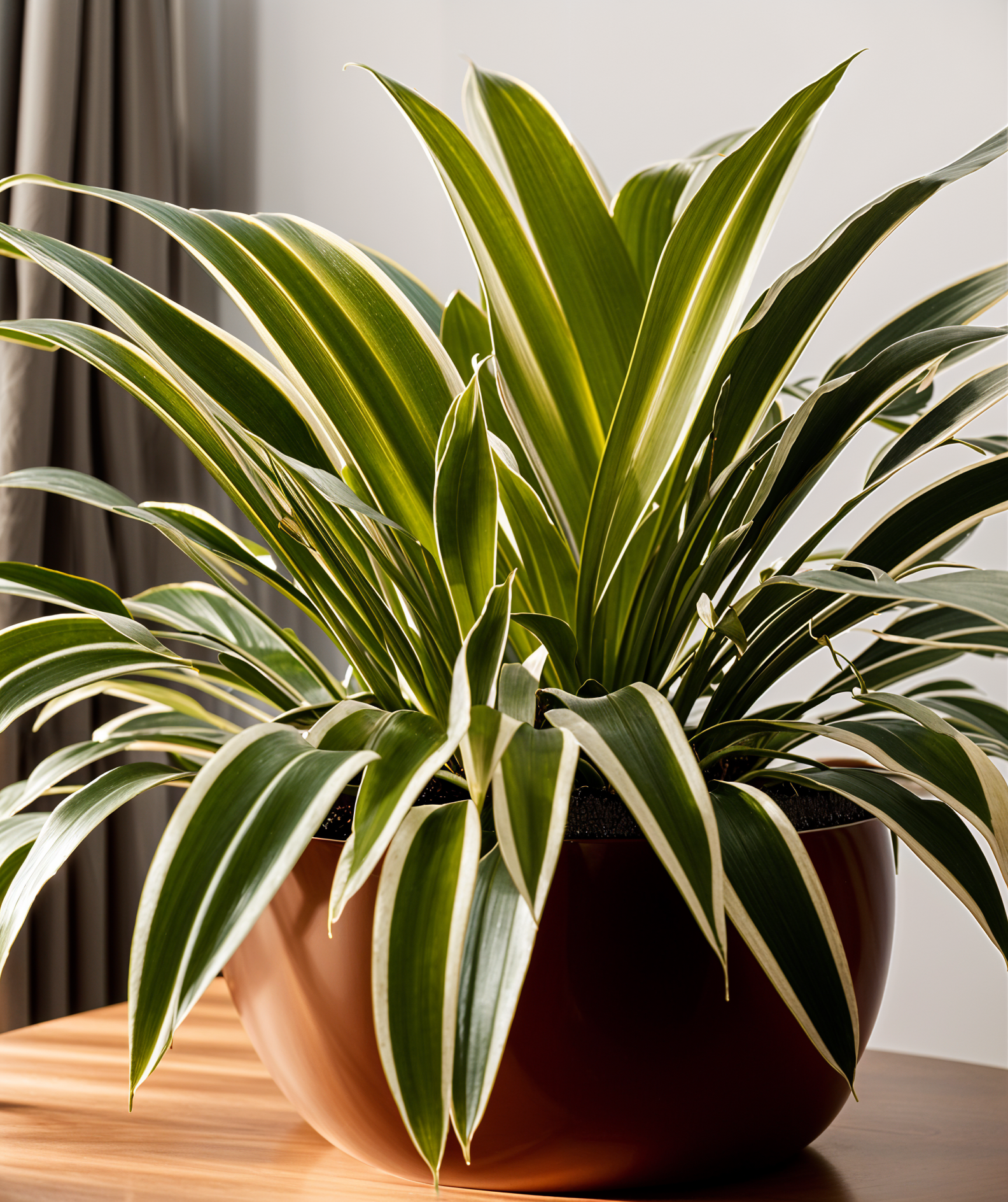 Chlorophytum comosum, or Spider Plant, in a suspended planter with clear indoor lighting.